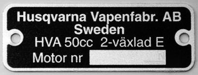 Typskylt Husqvarna Flinta, 2-växlad, säljs styckvis.