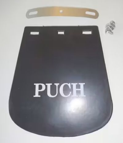 Stänklapp Puch med vit text.