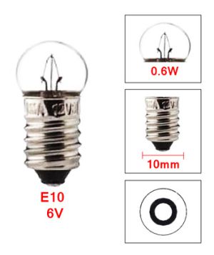Glödlampa E10 skruv. 6 volt, 0,6 watt.