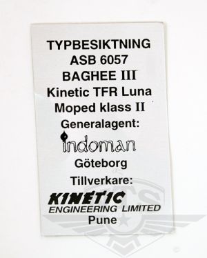 Typskylt Baghee Kinetic.