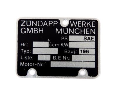 Typskylt för motor ZUNDAPP år 1960-1969.