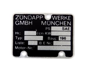 Typskylt för motor ZUNDAPP år 1960-1969.