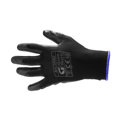 Montagehandske i polyester. Doppad i svart PU. Storlek 9. Säljs parvis.