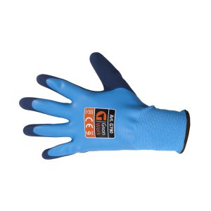 Arbetshandske i polyester. Med två lager av latex som gör handsken vattentät. Storlek 11. Säljs parvis.