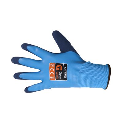 Arbetshandske i polyester. Med två lager av latex som gör handsken vattentät. Storlek 11. Säljs parvis.