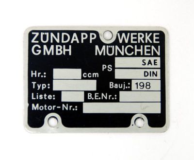 Typskylt för motor ZUNDAPP år 1980-1989