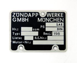 Typskylt för motor ZUNDAPP år 1980-1989