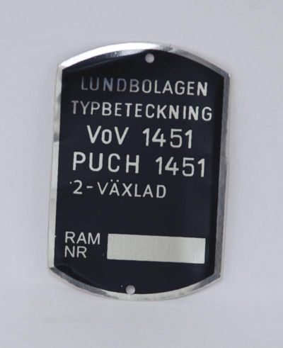 Typskylt Puch Florida VoV 1451 VS50L, säljs styckvis.