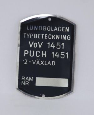 Typskylt Puch Florida VoV 1451 VS50L, säljs styckvis.